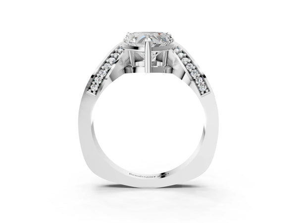 White gold Heart Solitaire Diamond Engagement Ring with Pave Band and Four-Prong Setting