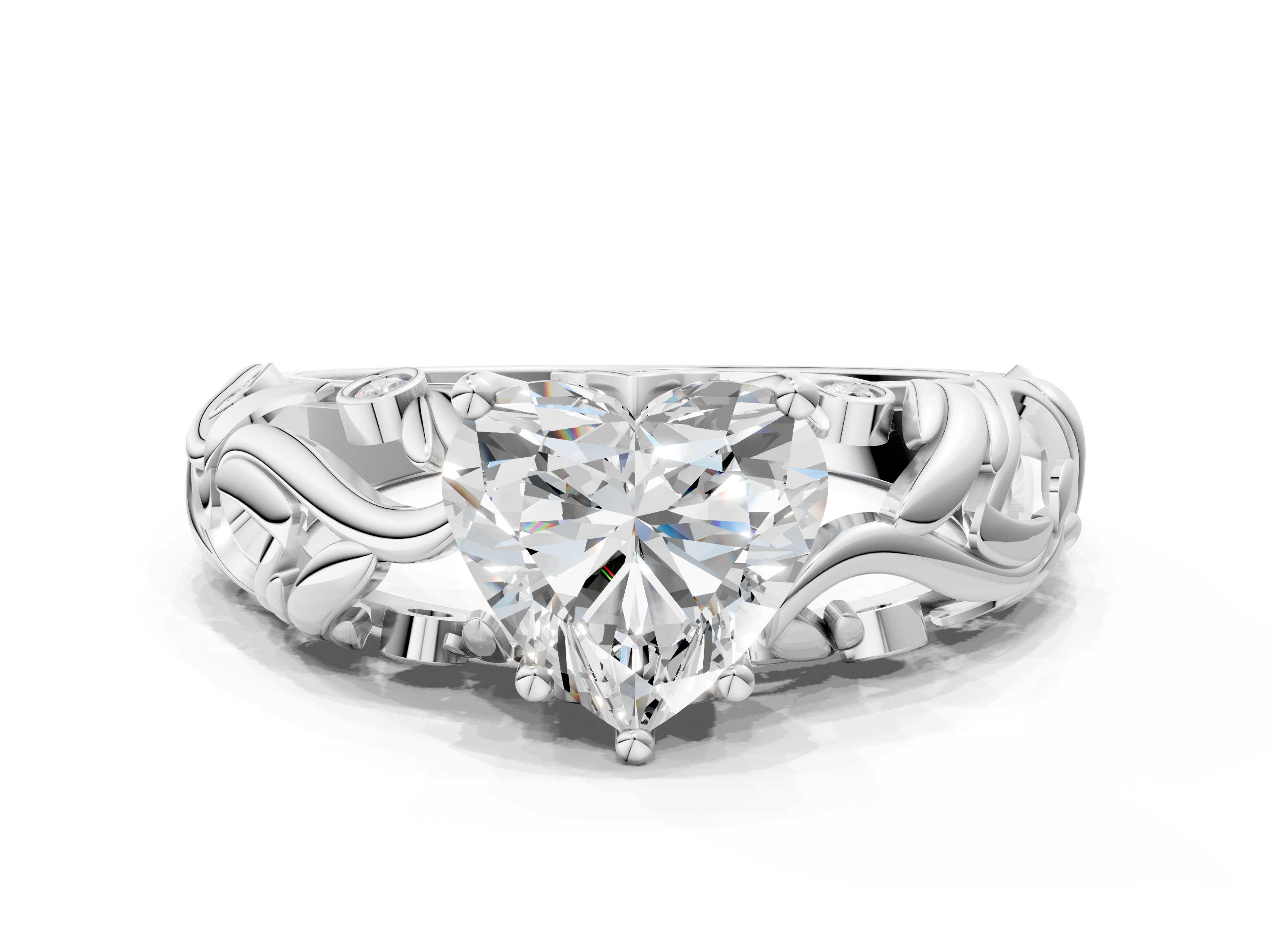 White gold Heart Solitaire Diamond Leaf Vine Band with Prong Setting_74