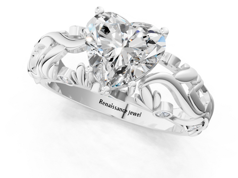 White gold Heart Solitaire Diamond Leaf Vine Band with Prong Setting_75