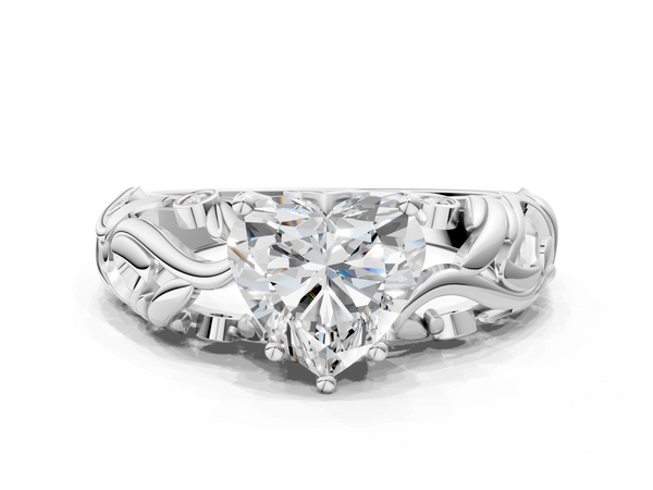 White gold Heart Cut Solitaire Diamond Leaf-Inspired Vine Band Ring with Prong Setting