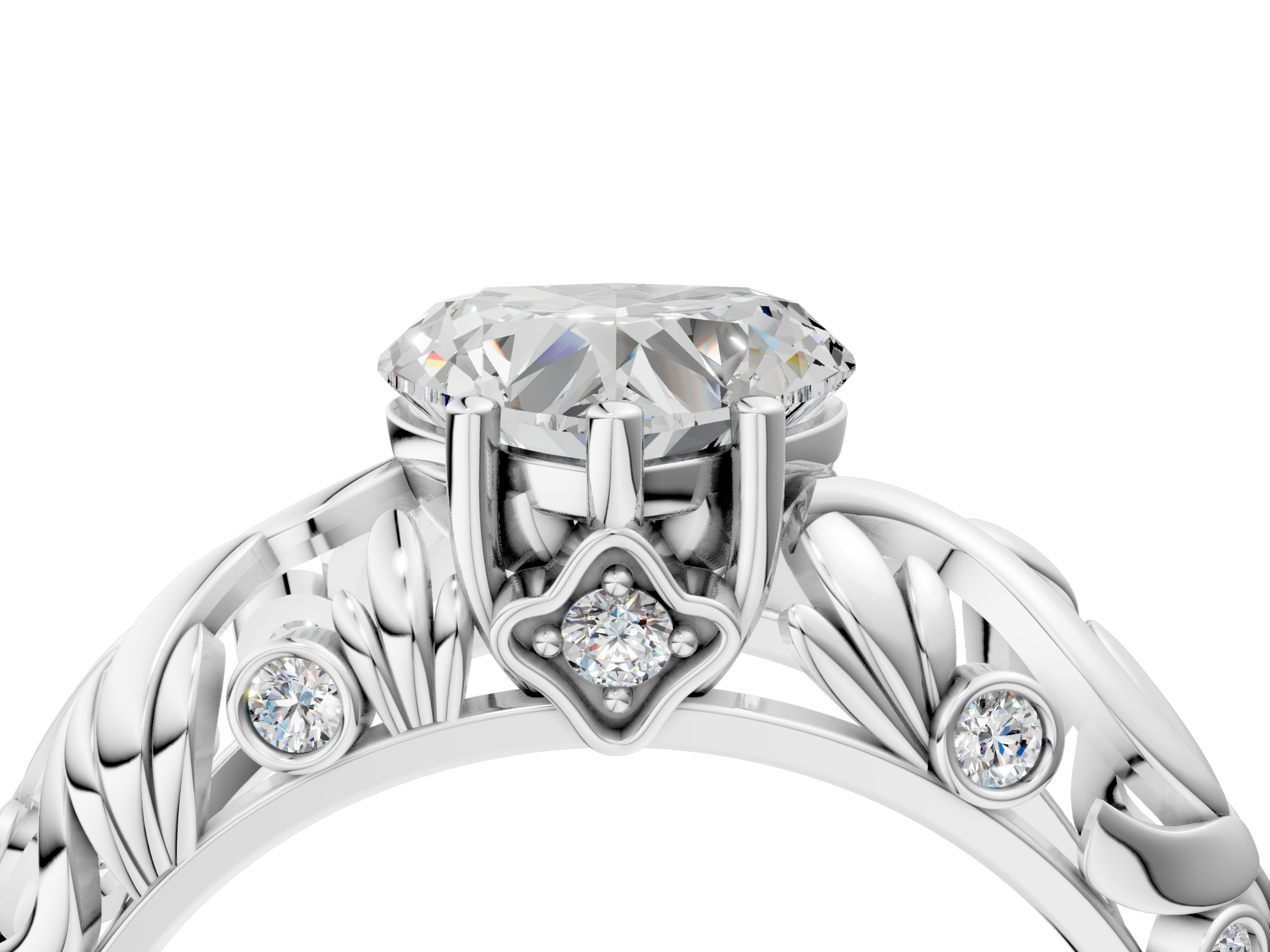 White gold Heart Solitaire Diamond Leaf Vine Band with Prong Setting_78