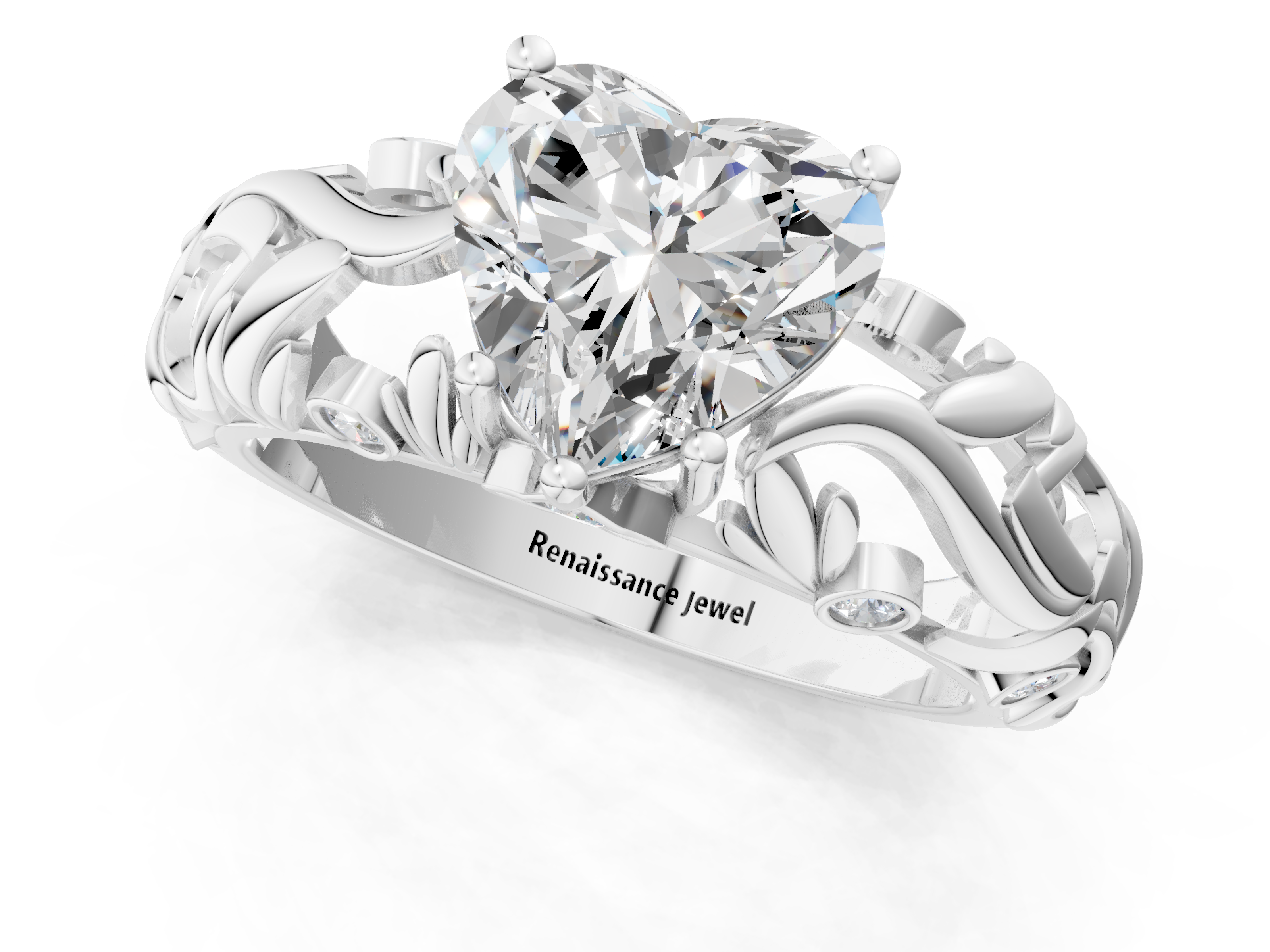 White gold Heart Solitaire Diamond Leaf Vine Band with Prong Setting_79