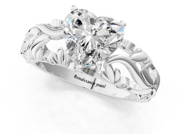 White gold Heart Cut Solitaire Diamond Leaf-Inspired Vine Band Ring with Prong Setting