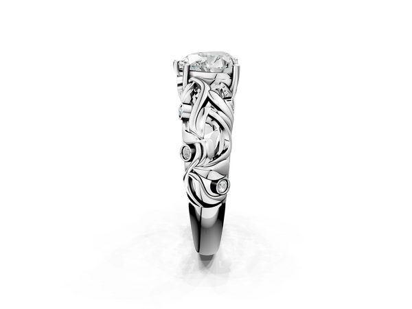 White gold Heart Cut Solitaire Diamond Leaf-Inspired Vine Band Ring with Prong Setting