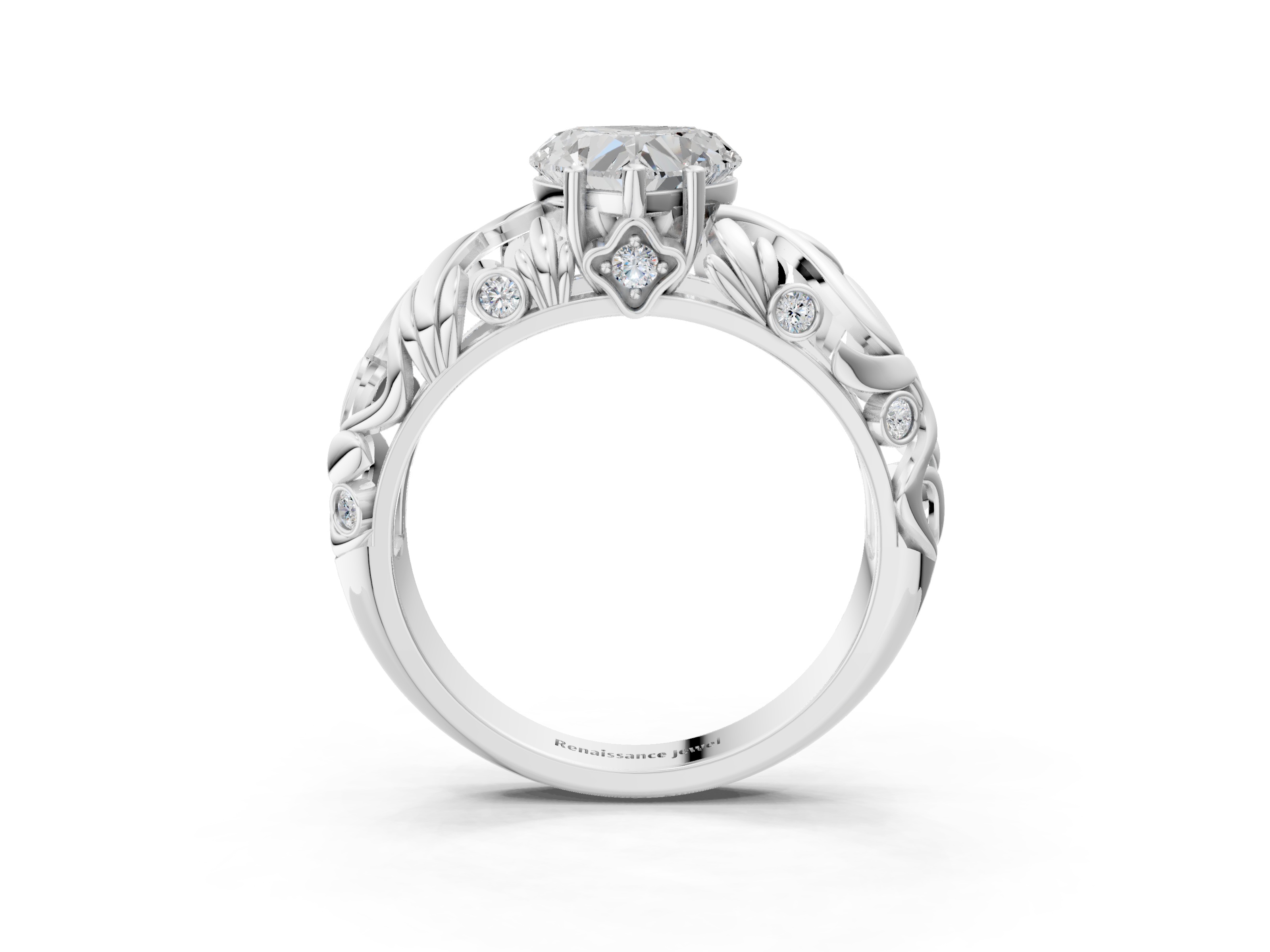 White gold Heart Solitaire Diamond Leaf Vine Band with Prong Setting_81