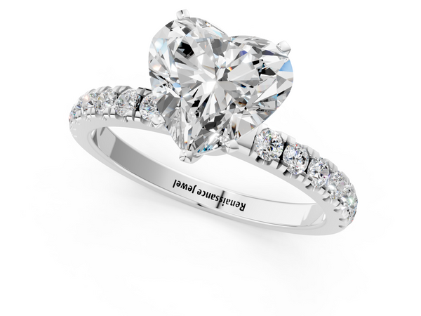 White gold Heart Cut Diamond Solitaire Ring with Pavé Accents and Four-Prong Setting