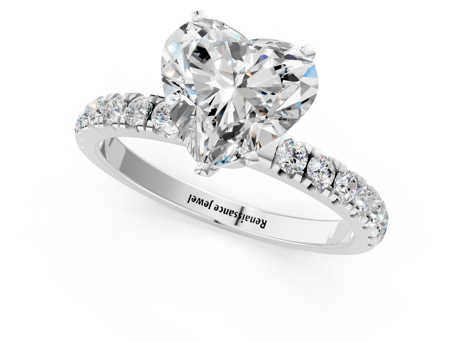 White gold Heart Cut Diamond Solitaire Ring with Pavé Accents and Four-Prong Setting