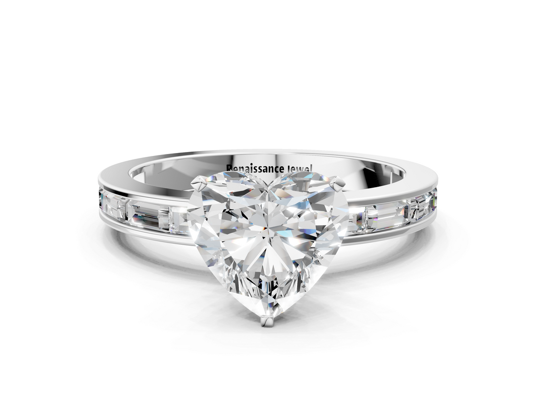 White gold Heart Solitaire Diamond Ring with Channel-Set Baguette Band and Four-Prong Setting_76
