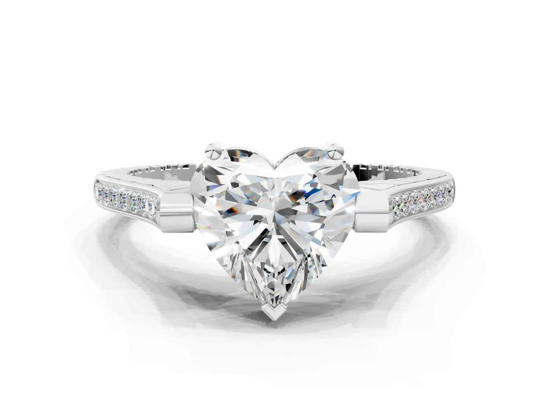 White gold Heart Solitaire Diamond Ring with Channel Set Band and Bezel Prong Setting_56
