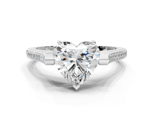 White gold Heart Solitaire Diamond Ring with Channel Set Band and Bezel Prong Setting