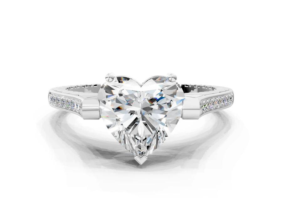 White gold Heart Solitaire Diamond Ring with Channel Set Band and Bezel Prong Setting