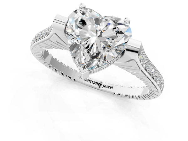 White gold Heart Solitaire Diamond Ring with Channel Set Band and Bezel Prong Setting