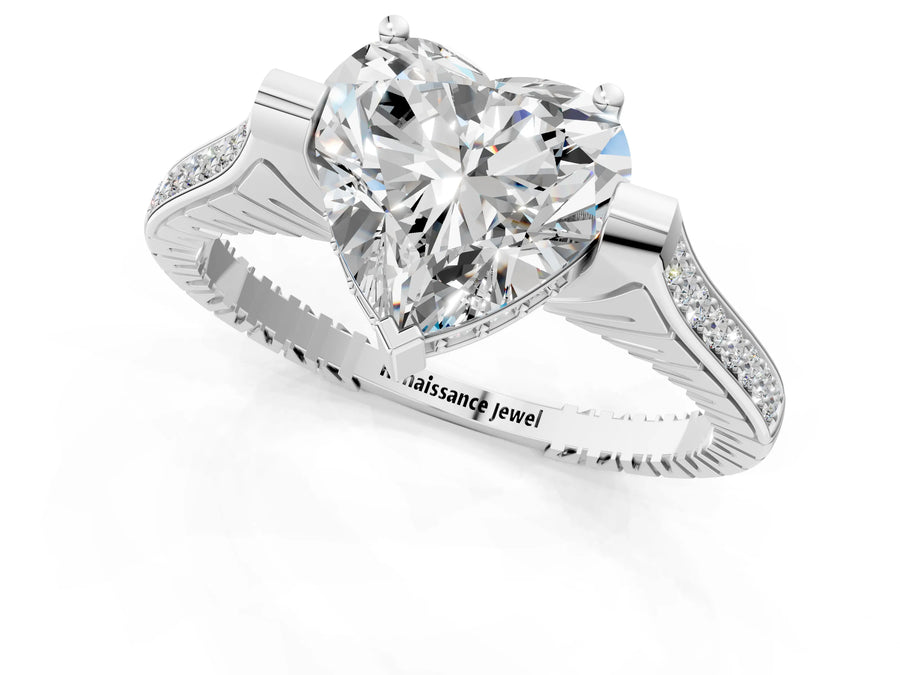 White gold Heart Solitaire Diamond Ring with Channel Set Band and Bezel Prong Setting