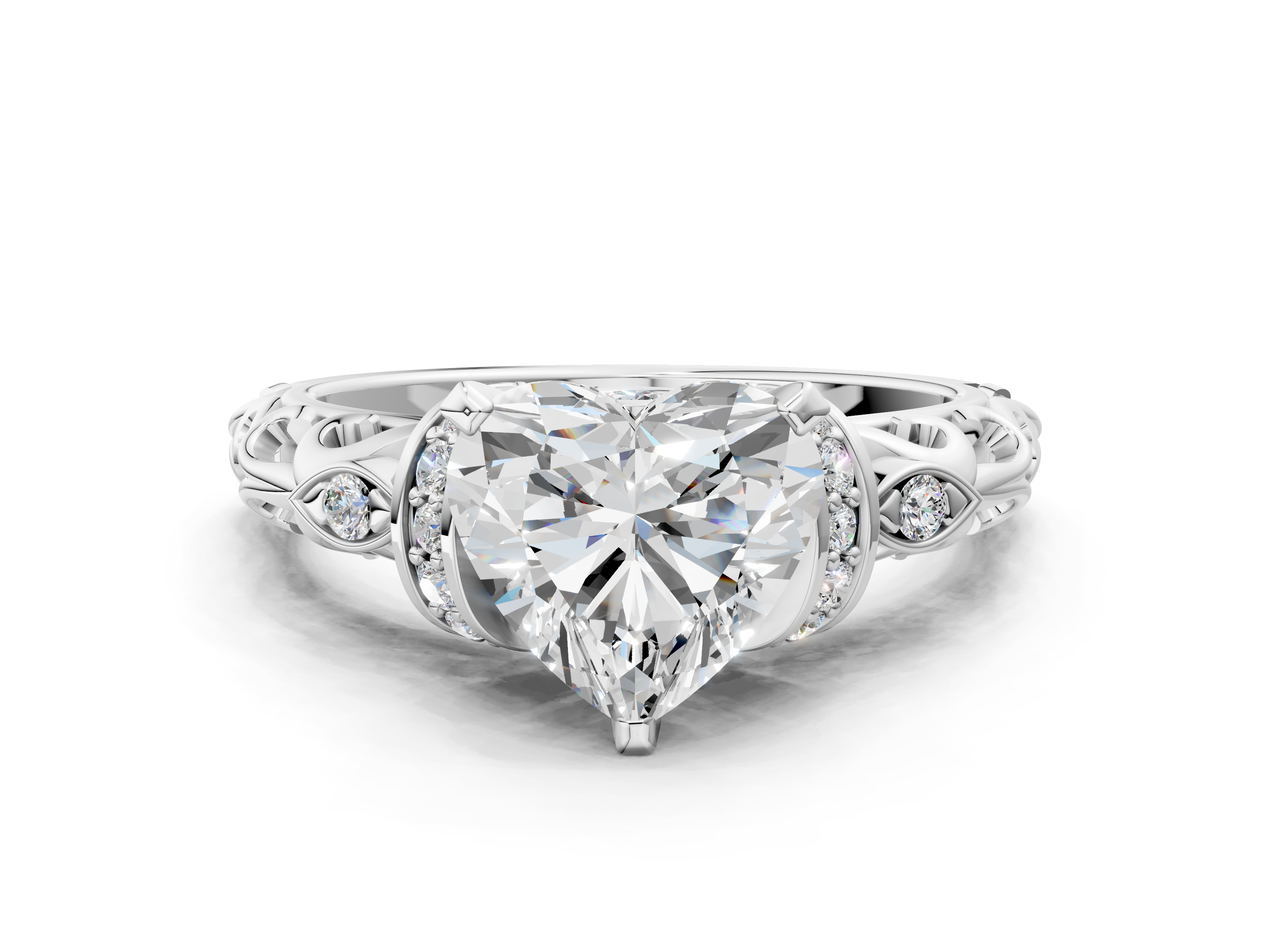 White gold Heart Solitaire Diamond Ring with Filigree Band and Four-Prong Setting_75