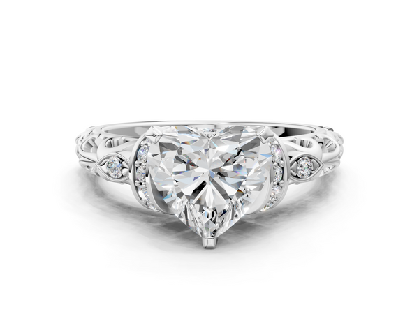 10K White Gold 4.01 Carat E VVS2 Heart Diamond Solitaire Ring with Filigree Band and Four-Prong Setting