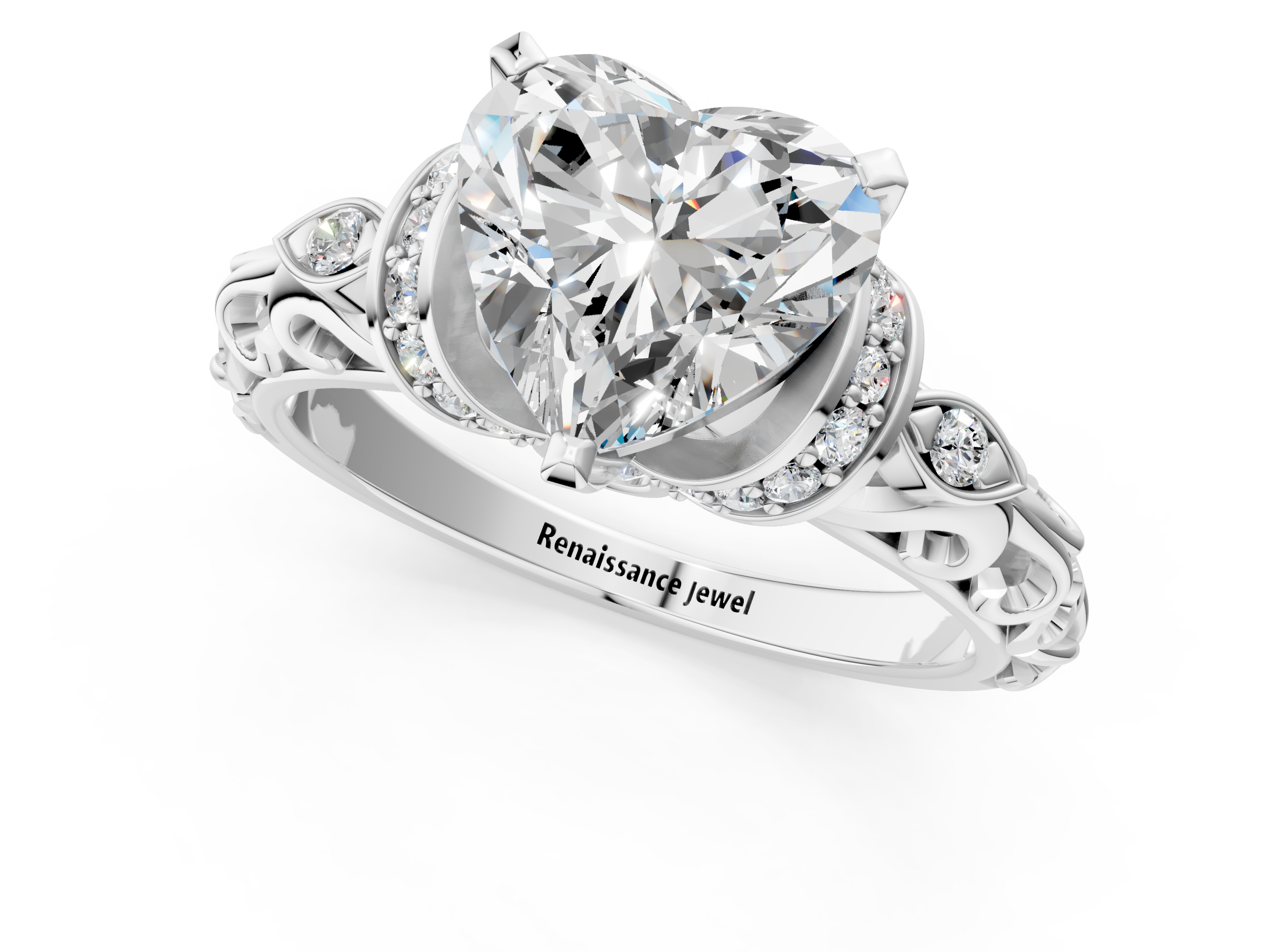 White gold Heart Solitaire Diamond Ring with Filigree Band and Four-Prong Setting_76