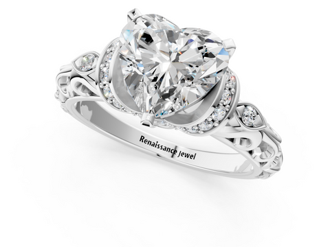 White gold Heart Solitaire Diamond Ring with Filigree Band and Four-Prong Setting_76