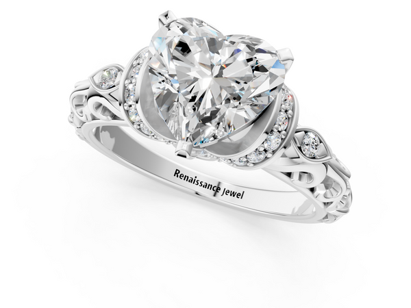 10K White Gold 4.01 Carat E VVS2 Heart Diamond Solitaire Ring with Filigree Band and Four-Prong Setting