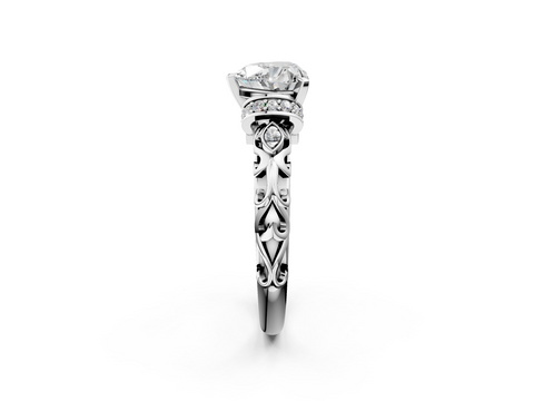 White gold Heart Solitaire Diamond Ring with Filigree Band and Four-Prong Setting_77