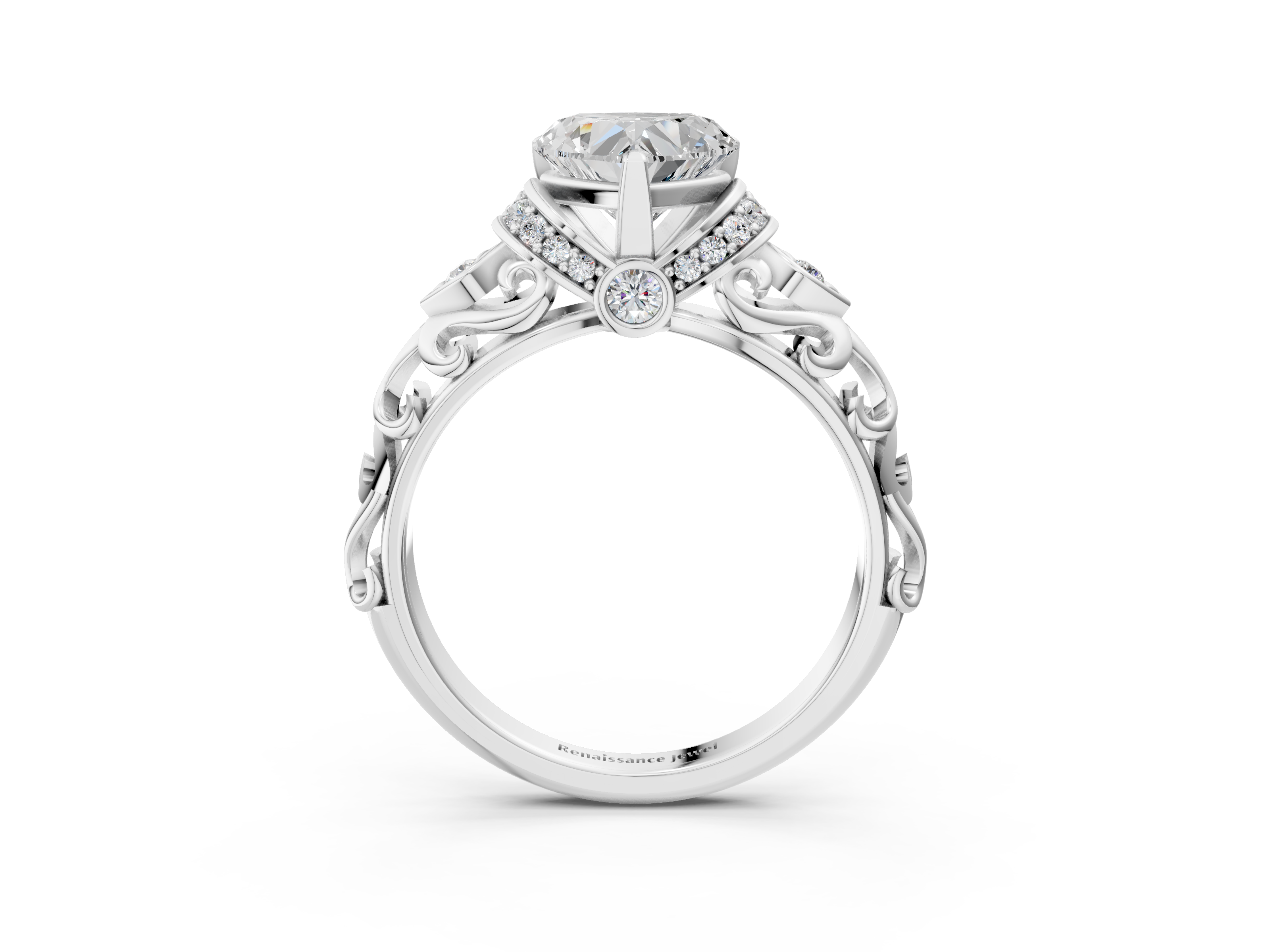 White gold Heart Solitaire Diamond Ring with Filigree Band and Four-Prong Setting_78