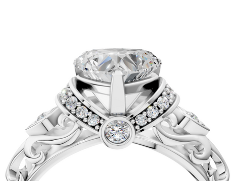 White gold Heart Solitaire Diamond Ring with Filigree Band and Four-Prong Setting_79