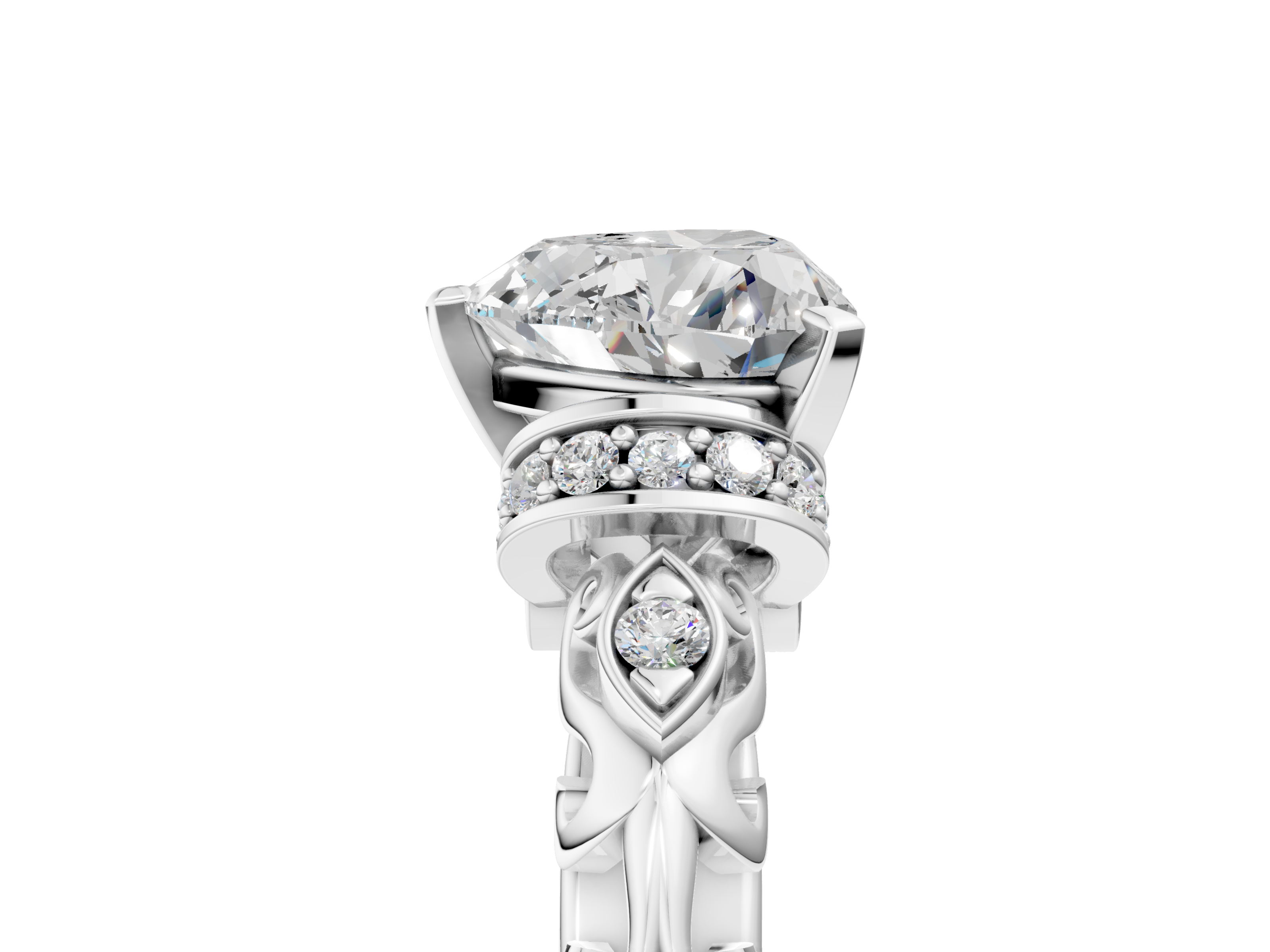 White gold Heart Solitaire Diamond Ring with Filigree Band and Four-Prong Setting_80