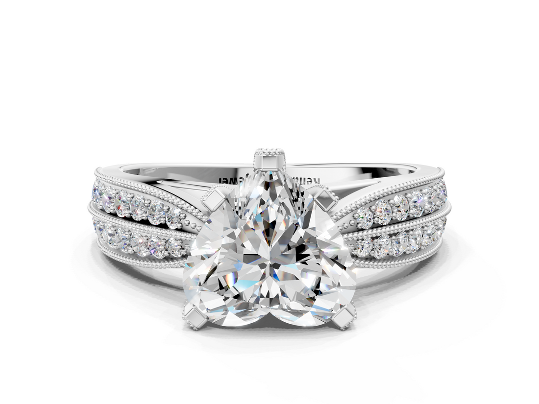 White gold Heart Solitaire Diamond Ring with Milgrain Pavé Band and Four-Prong Setting_124