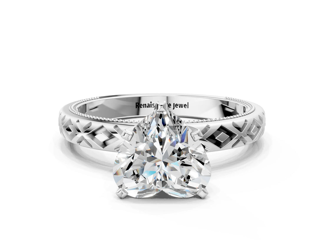 White gold Heart Solitaire Diamond Ring with Milgrain and Black Enamel X Pattern Band_118