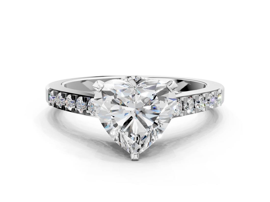 White gold Heart Solitaire Diamond Ring with Pavé Band and Four-Prong Setting_123