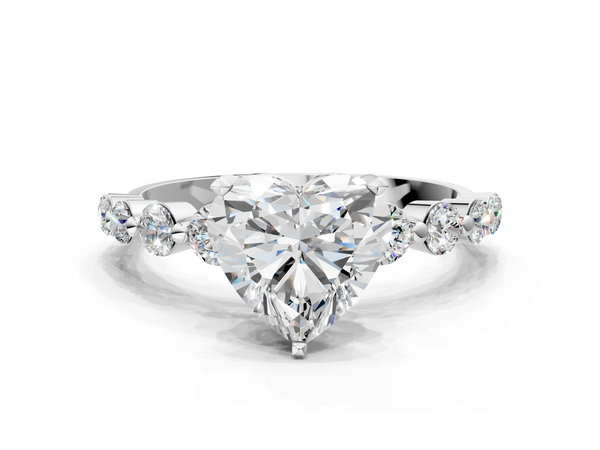 White gold Heart Cut Solitaire Diamond Ring with Pave Band and Four-Prong Setting