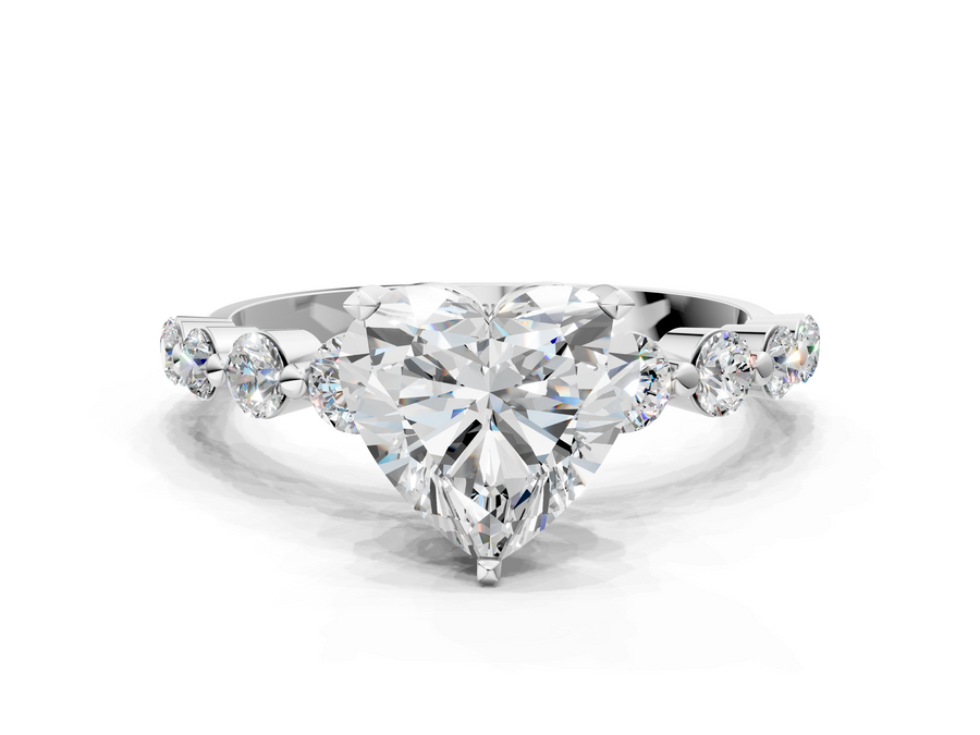 White gold Heart Cut Solitaire Diamond Ring with Pave Band and Four-Prong Setting