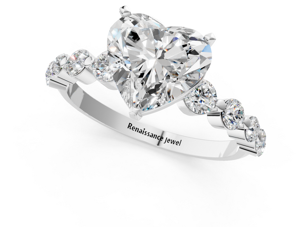 White gold Heart Cut Solitaire Diamond Ring with Pave Band and Four-Prong Setting