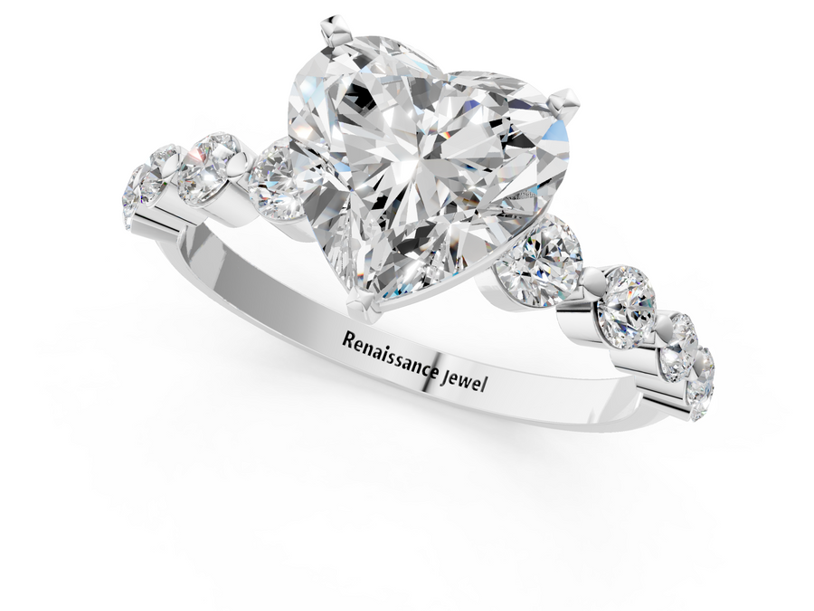 White gold Heart Cut Solitaire Diamond Ring with Pave Band and Four-Prong Setting
