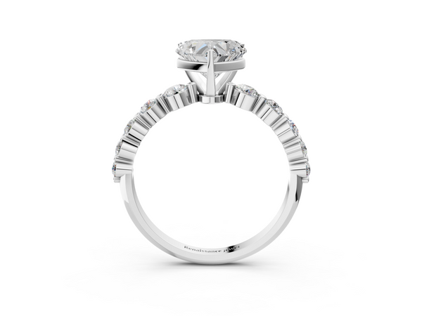 White gold Heart Cut Solitaire Diamond Ring with Pave Band and Four-Prong Setting