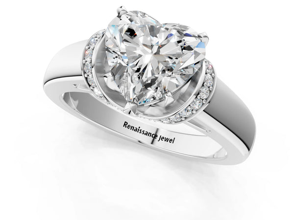 White Gold Heart-Shaped Pave Collar Solitaire Engagement Ring Setting on a Wide Plain Band