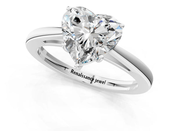White gold Heart Solitaire Diamond Ring with Split Shank and Four-Prong Setting