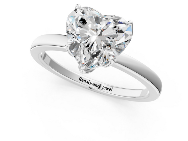 White gold Heart Solitaire Diamond Ring with Thin Band and Four-Prong Setting