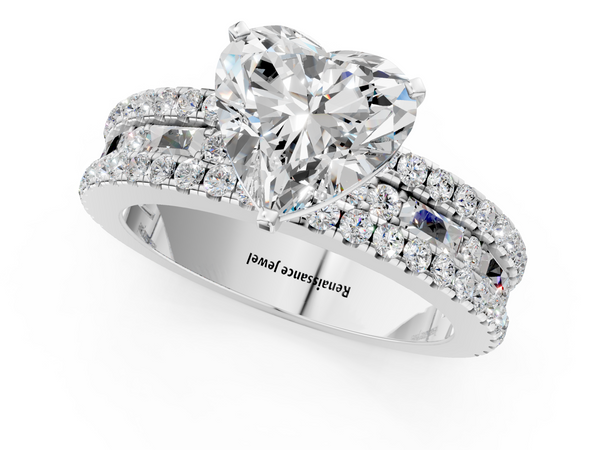 Sterling Silver Heart-Shaped Baguette Side Stone Engagement Ring Setting with Pave and Channel Band