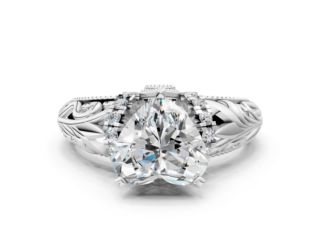 White gold Heart Solitaire Filigree Engagement Ring with Halo and Prong Setting_75