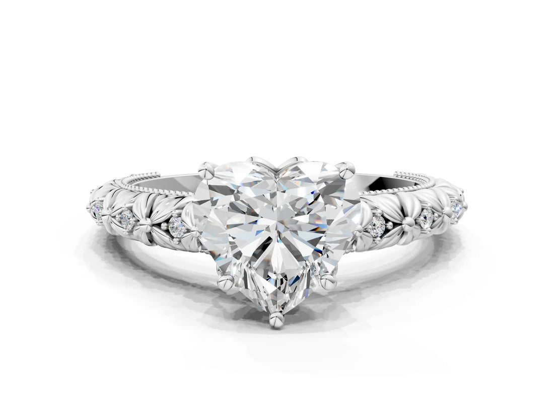White gold Heart Solitaire Floral Milgrain Engagement Ring_31
