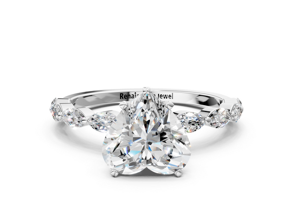 White Gold Heart-Shaped Engagement Ring Setting with Marquise Side Stones Along the Band
