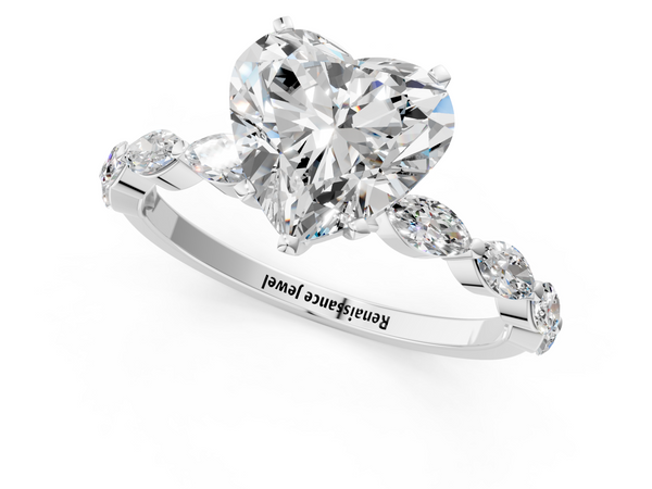 White Gold Heart-Shaped Engagement Ring Setting with Marquise Side Stones Along the Band