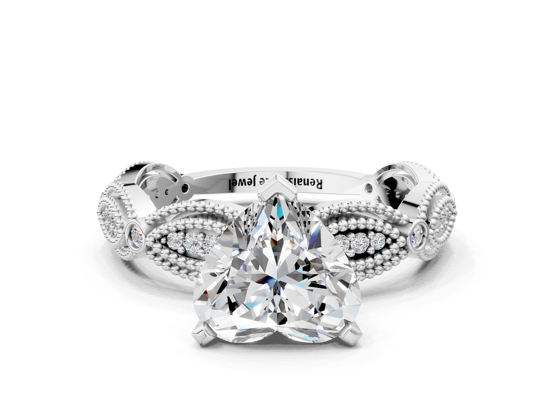 White gold Heart Solitaire Milgrain Diamond Engagement Ring with Bezel and Marquise Band_148