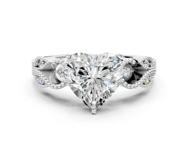 Platinum Heart-Shaped Vintage Solitaire Engagement Ring Setting with Milgrain Leaf Shoulders