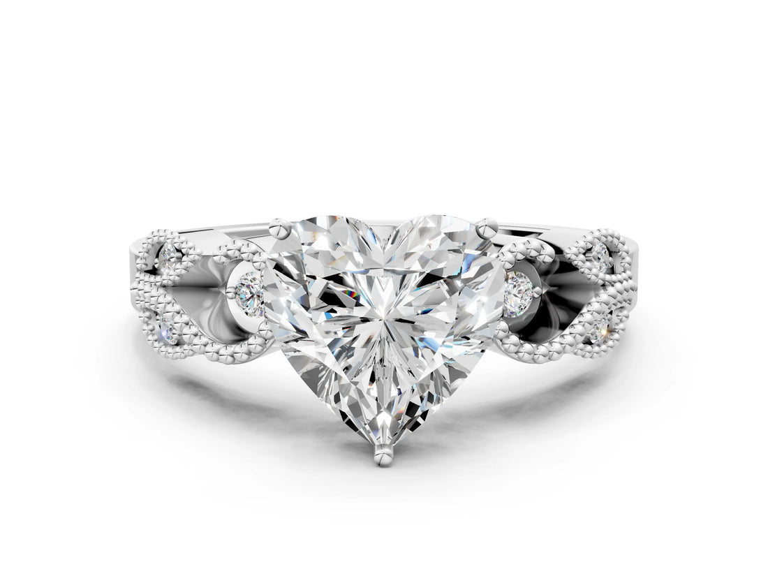 White gold Heart Solitaire Milgrain Leaf Band with Prong Setting_3