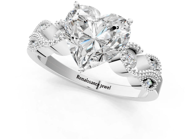 Platinum Heart-Shaped Vintage Solitaire Engagement Ring Setting with Milgrain Leaf Shoulders