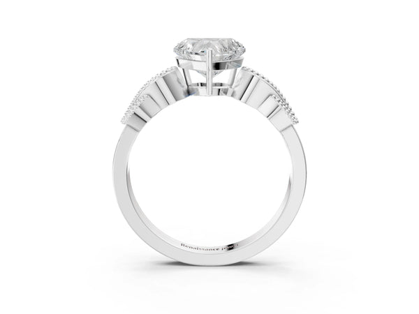 White Gold Heart-Shaped Vintage Solitaire Engagement Ring Setting with Milgrain Leaf Shoulders