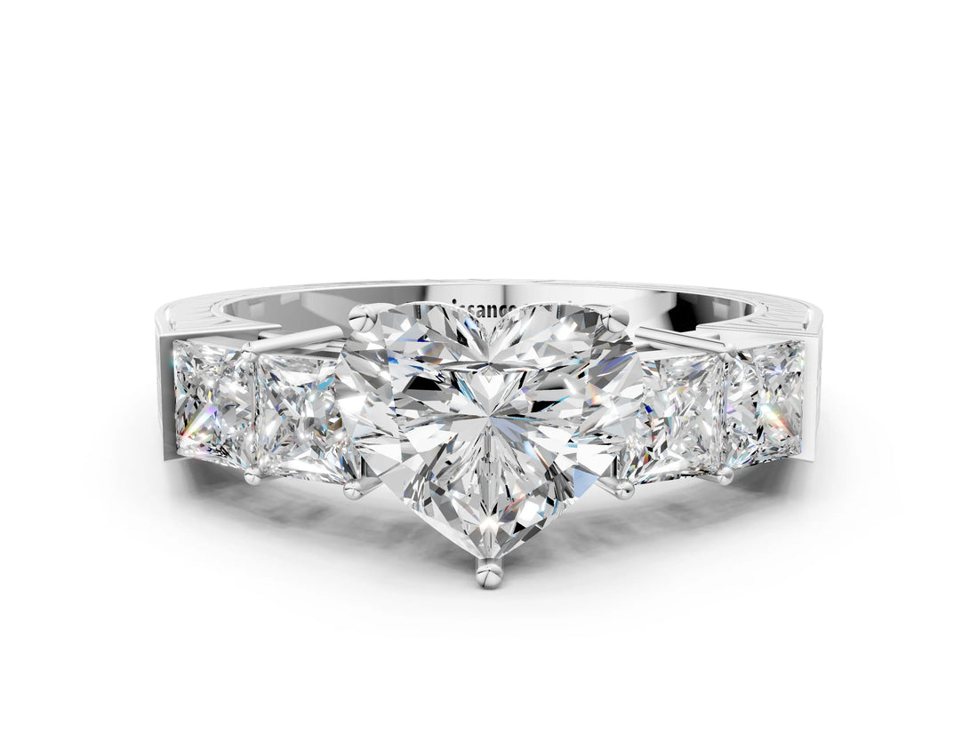 White gold Heart Solitaire Princess Side Stone Engraved Band Prong Setting Ring_3