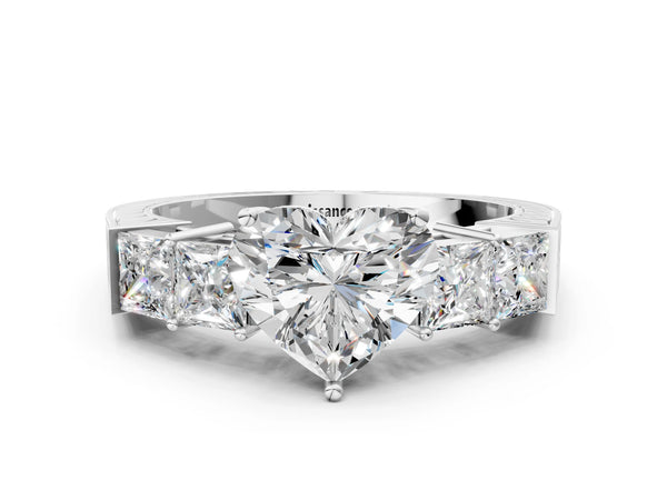 Platinum Heart Solitaire Princess Side Stone Engraved Band Prong Setting Ring