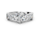 White gold Heart Solitaire Princess Side Stone Engraved Band Prong Setting Ring_3